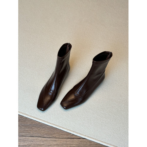 牛皮版~法式復古方頭瘦瘦靴女秋冬百搭後拉鍊短靴通勤粗跟馬丁靴