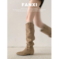 牛皮版~復古磨砂高筒西部靴女胖mm大筒圍顯瘦長靴粗跟長筒堆堆靴
