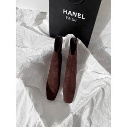 棕色粗跟短靴女2025年秋冬新款法式絨面後拉鍊高跟方頭彈力瘦瘦靴