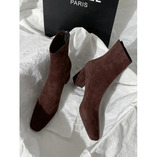 棕色粗跟短靴女2025年秋冬新款法式絨面後拉鍊高跟方頭彈力瘦瘦靴