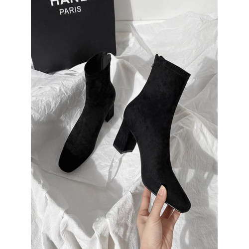 棕色粗跟短靴女2025年秋冬新款法式絨面後拉鍊高跟方頭彈力瘦瘦靴