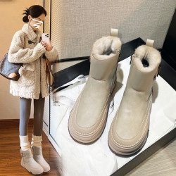 真皮兔毛雪地靴女冬季加絨加厚保暖側拉鍊短靴厚底防滑東北大棉鞋