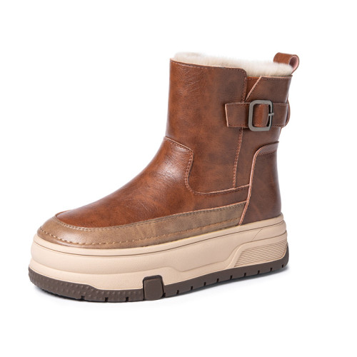真皮兔毛雪地靴女冬季加絨加厚保暖側拉鍊短靴厚底防滑東北大棉鞋