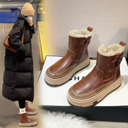 真皮兔毛雪地靴女冬季加絨加厚保暖側拉鍊短靴厚底防滑東北大棉鞋