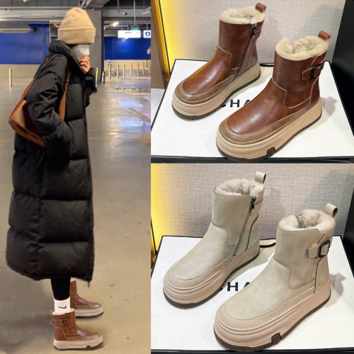 真皮兔毛雪地靴女冬季加絨加厚保暖側拉鍊短靴厚底防滑東北大棉鞋