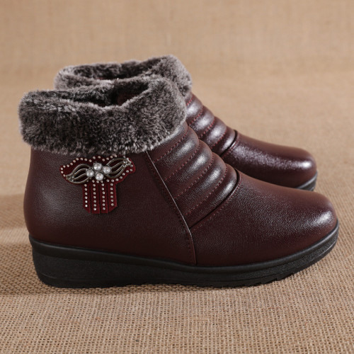 冬季媽媽棉鞋加絨保暖中老年皮鞋中年女鞋老人奶奶防滑短靴雪地靴