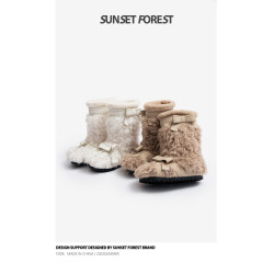 落日森林蝴蝶結加絨雪地靴女2025冬季新款毛絨短靴厚底保暖棉靴子