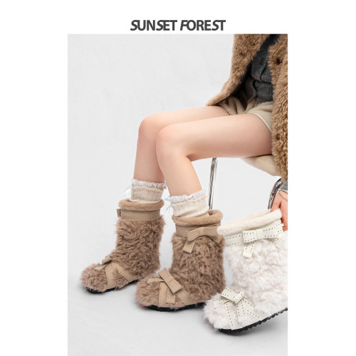 落日森林蝴蝶結加絨雪地靴女2025冬季新款毛絨短靴厚底保暖棉靴子