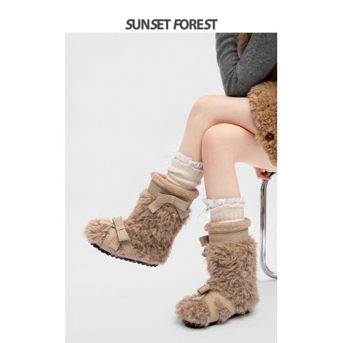 落日森林蝴蝶結加絨雪地靴女2025冬季新款毛絨短靴厚底保暖棉靴子