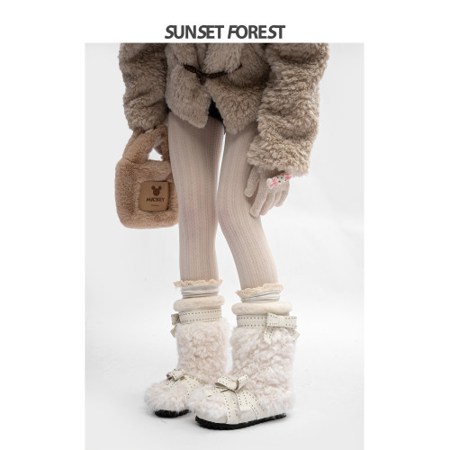 落日森林蝴蝶結加絨雪地靴女2025冬季新款毛絨短靴厚底保暖棉靴子