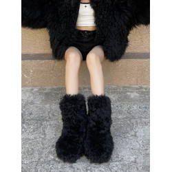 潮流秋冬季新款歐美風雪地靴保暖加厚小衆辣妹毛毛靴黑色時尚百搭