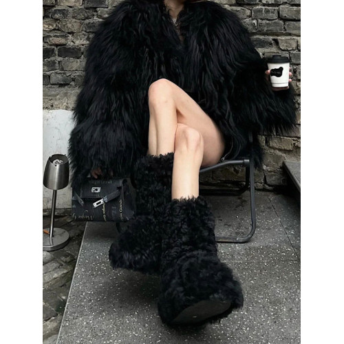 潮流秋冬季新款歐美風雪地靴保暖加厚小衆辣妹毛毛靴黑色時尚百搭