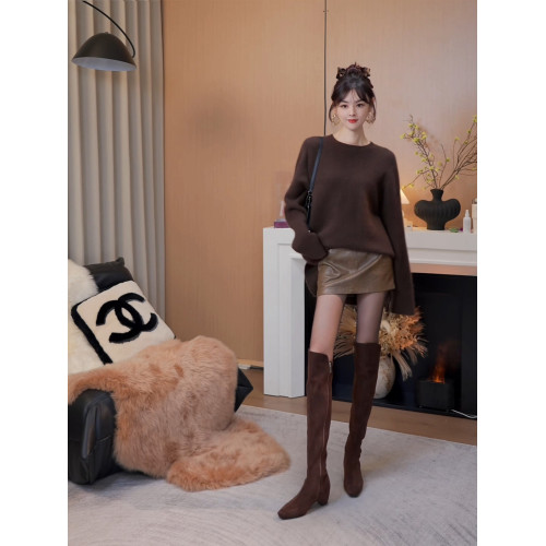 混凝草顯瘦內增高過膝長靴子女秋冬杏色粗跟騎士靴方頭平底瘦瘦靴