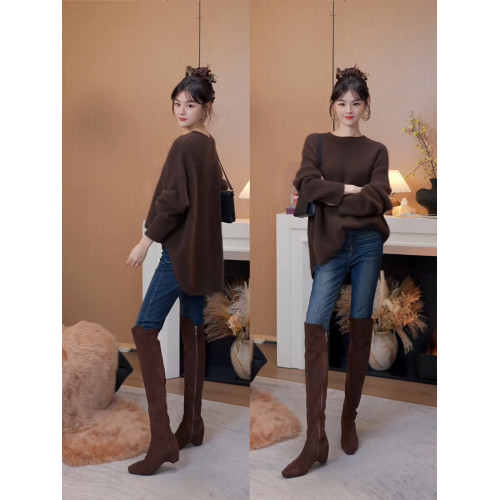 混凝草顯瘦內增高過膝長靴子女秋冬杏色粗跟騎士靴方頭平底瘦瘦靴