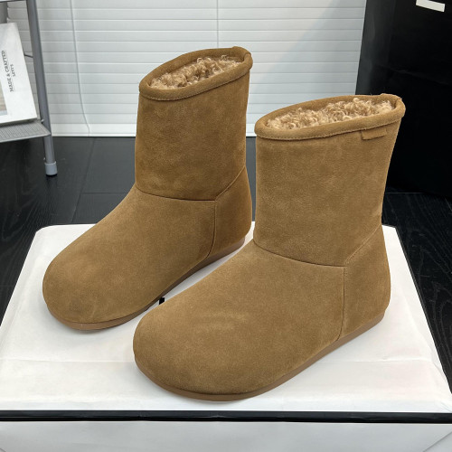 英倫風真皮厚底增高雪地靴女2025冬季新款圓頭套筒純色加絨短筒靴