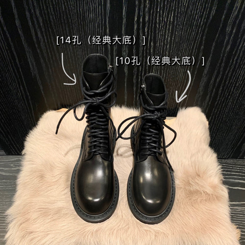 ann馬丁靴女2025新款秋冬單靴真皮英倫風中筒系帶黑色厚底短靴子