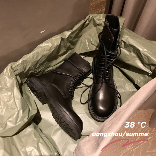 ann馬丁靴女2025新款秋冬單靴真皮英倫風中筒系帶黑色厚底短靴子