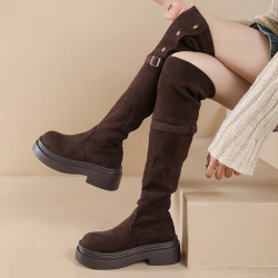 韓版時尚百搭顯瘦長筒靴女2025年春季新款粗跟厚底增高過膝瘦瘦靴