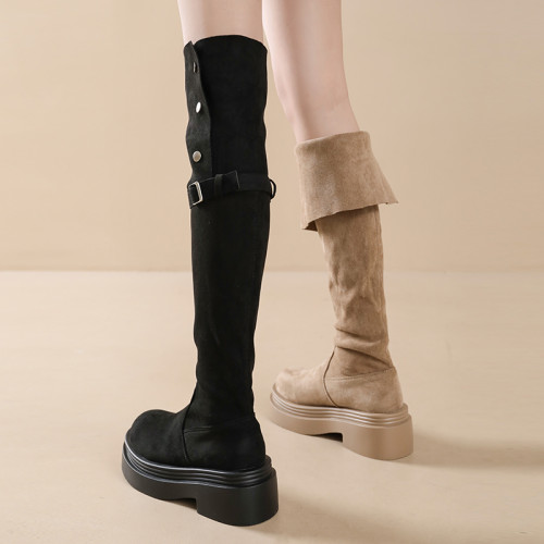 韓版時尚百搭顯瘦長筒靴女2025年春季新款粗跟厚底增高過膝瘦瘦靴