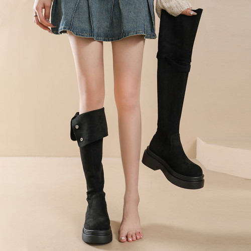 韓版時尚百搭顯瘦長筒靴女2025年春季新款粗跟厚底增高過膝瘦瘦靴