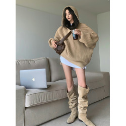 騎士靴女2025年新款長筒粗跟棕色高筒靴復古絨面褶皺堆堆歐美長靴