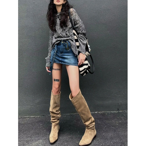 騎士靴女2025年新款長筒粗跟棕色高筒靴復古絨面褶皺堆堆歐美長靴 騎士靴女2025年新款長筒粗跟棕色高筒靴復古絨面褶皺堆堆歐美長靴