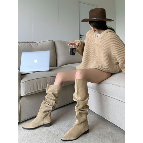 騎士靴女2025年新款長筒粗跟棕色高筒靴復古絨面褶皺堆堆歐美長靴 騎士靴女2025年新款長筒粗跟棕色高筒靴復古絨面褶皺堆堆歐美長靴