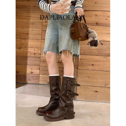 褲琯靴女粗腿胖mm大筒圍長筒靴皮帶釦褶皺中筒堆堆騎士靴大碼長靴