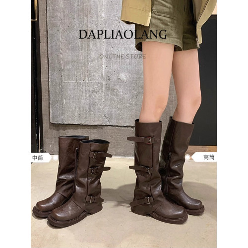 褲琯靴女粗腿胖mm大筒圍長筒靴皮帶釦褶皺中筒堆堆騎士靴大碼長靴