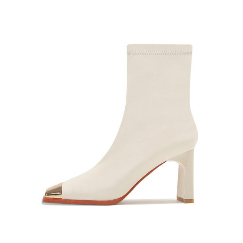 西施金屬頭白色高跟短靴女2025秋冬新款韓版方頭粗跟彈力瘦瘦靴女