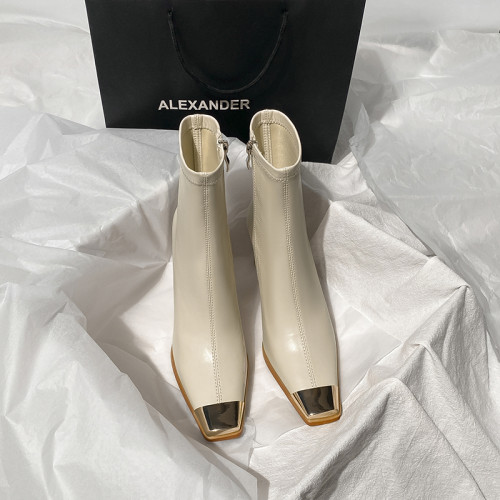 西施金屬頭白色高跟短靴女2025秋冬新款韓版方頭粗跟彈力瘦瘦靴女