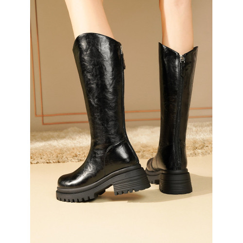 靴子2025新款冬季皮毛一體真皮中筒靴厚底加絨東北大棉高筒長靴女