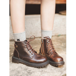 半島鞋屋真皮新款靴子六孔低跟復古馬丁靴女秋冬加絨短靴英倫風