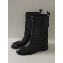 牛皮版~復古粗跟中筒西部騎士短靴女2025秋冬季新款馬丁靴子黑色