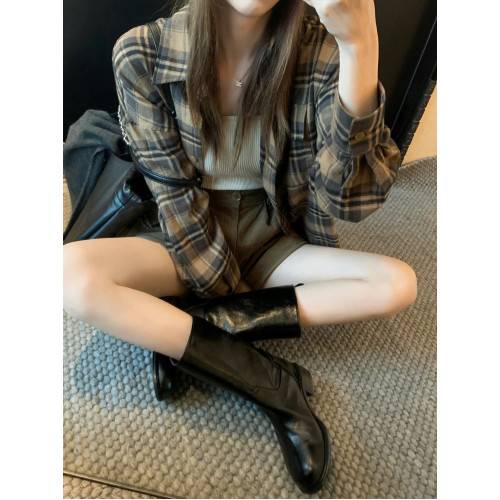 牛皮版~復古粗跟中筒西部騎士短靴女2025秋冬季新款馬丁靴子黑色