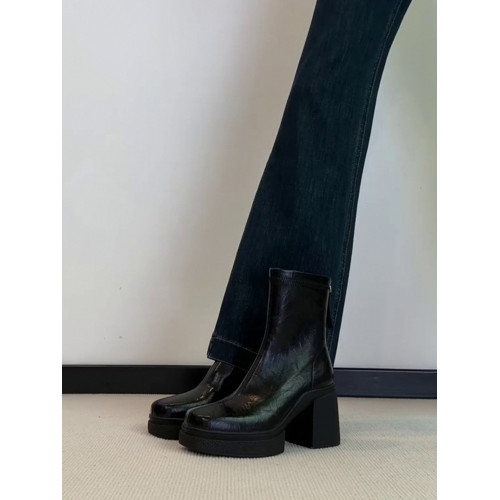 牛皮版~真皮方頭高跟瘦瘦靴子2025秋冬新款粗跟法式短靴女馬丁靴