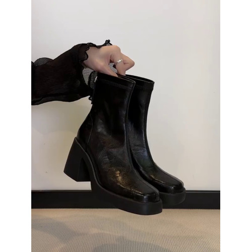 牛皮版~真皮方頭高跟瘦瘦靴子2025秋冬新款粗跟法式短靴女馬丁靴