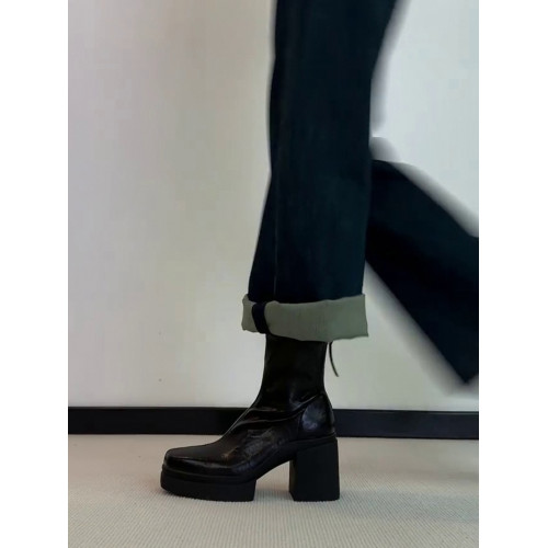 牛皮版~真皮方頭高跟瘦瘦靴子2025秋冬新款粗跟法式短靴女馬丁靴