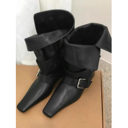 法式小方頭短靴女2025新款韓版小衆設計復古西部靴絨面中筒靴女靴