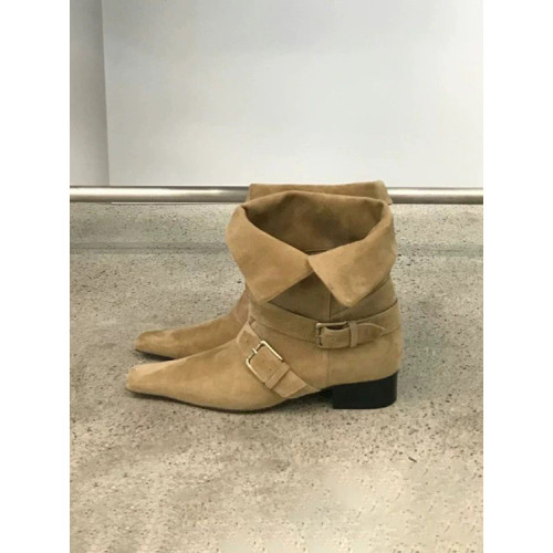 法式小方頭短靴女2025新款韓版小衆設計復古西部靴絨面中筒靴女靴