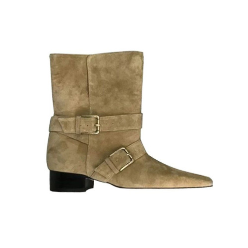 法式小方頭短靴女2025新款韓版小衆設計復古西部靴絨面中筒靴女靴