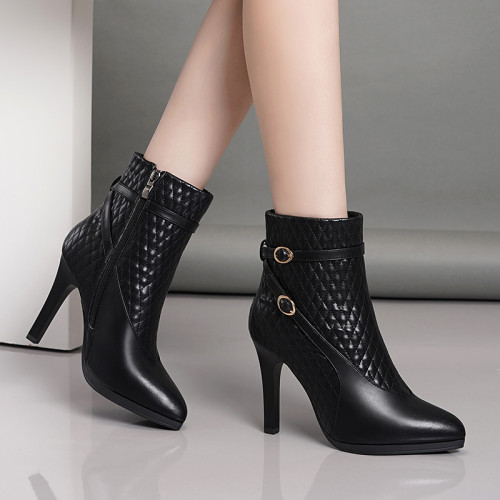 真皮高跟鞋女2026年新款秋冬款細跟短筒側拉鍊短靴防水台馬丁靴女