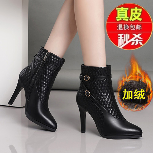 真皮高跟鞋女2026年新款秋冬款細跟短筒側拉鍊短靴防水台馬丁靴女