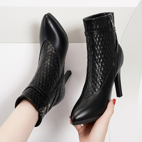 真皮高跟鞋女2026年新款秋冬款細跟短筒側拉鍊短靴防水台馬丁靴女