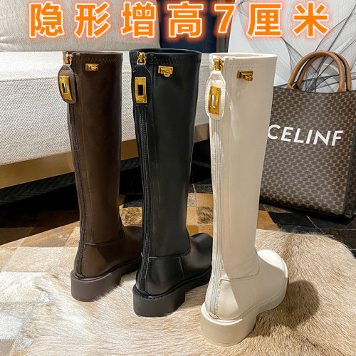 內增高棕色長靴高筒小個子女2026新款白色長筒靴子騎士靴冬季加絨