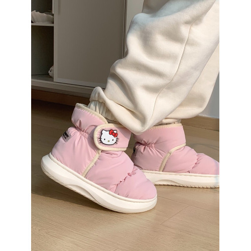 細細條 可愛HelloKitty凱蒂貓防水麵包棉鞋女冬外穿魔術貼雪地靴