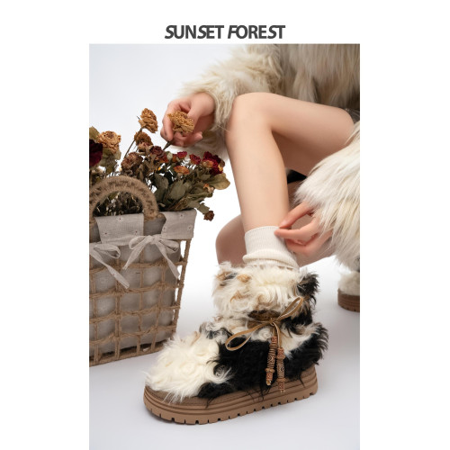 落日森林厚底加絨中筒雪地靴女2025冬季新毛毛靴子瑪拉沁保暖棉鞋