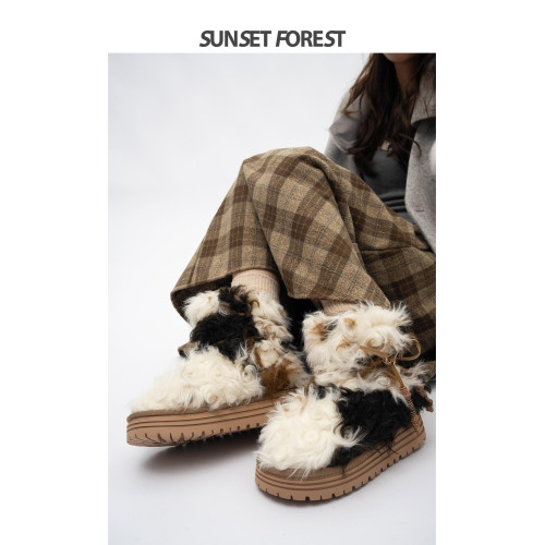 落日森林厚底加絨中筒雪地靴女2025冬季新毛毛靴子瑪拉沁保暖棉鞋