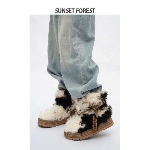 落日森林厚底加絨中筒雪地靴女2025冬季新毛毛靴子瑪拉沁保暖棉鞋