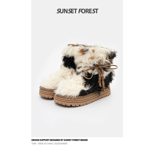 落日森林厚底加絨中筒雪地靴女2025冬季新毛毛靴子瑪拉沁保暖棉鞋